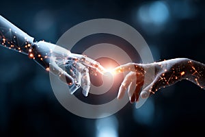Robot Hand and Human Hand Connect Through Network of Data in AI and Machine Learning