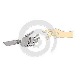 Robot hand and human hand isolated on white backgroundA