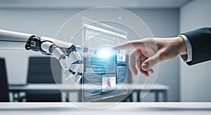 A robot hand and a human hand are interacting, touching a transparent digital