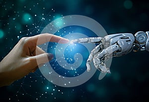Robot hand and human touch on big data network connection background, science and technology artificial intelligence