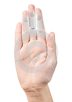 Robot hand inside human hand. Hand prosthesis concept.