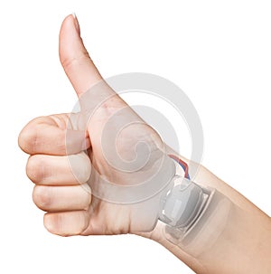 Robot hand inside human hand. Hand prosthesis concept.