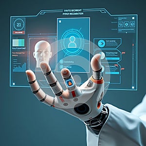 Robot Hand Interacting with Advanced Futuristic User Interface Technology Display