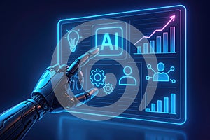 Robot Hand Interacting with AI Interface Showing Graphs and Icons artificial intelligence