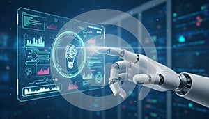 Robot hand interacting with artificial intelligence idea interface