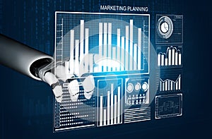 Robot Hand Interacting with Data Visualization on Digital Marketing Planning Interface Impute