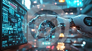 Robot hand interacting with digital data screen interface