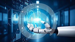 Robot hand interacting with futuristic digital interface, data visualization.