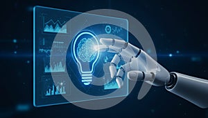 Robot hand touching digital screen with artificial intelligence brain concept