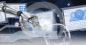 Robot hand interacting with technology interface panels