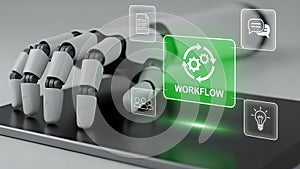 Robot hand interacting with workflow process on a digital tablet