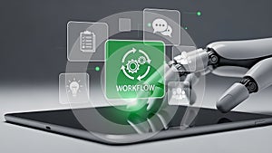 Robot hand interacting with workflow process on a digital tablet screen