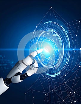 Robot hand interacts with glowing blue digital interface and network connections, representing advanced technology