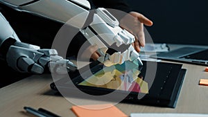 Collaborative Work Between Human and Robot, Futuristic Technology Concept, Artificial Intelligence in Creative Process