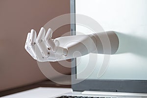 Robot hand from the monitor. Asking gesture. Social media begging concept