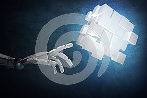 Robot hand point on construction from cubes. 3d rendering