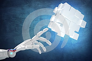Robot hand point on construction from cubes. 3d rendering