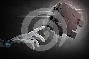 Robot hand point on construction from cubes. 3d rendering