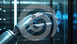 Robot hand pressing button on futuristic control panel