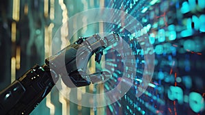 robot hand pressing on virtual digital screen hologram interface binary code