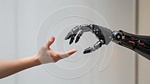 A robot hand reaching out to a human hand, Technology relation with human beings