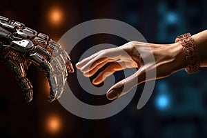 robot hand reaching up to a light brown human hand Generative AI