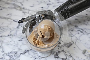 robot hand with a scoop of coffee ice cream in a glass bowl