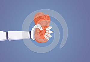 Robot Hand squeezing a Human Brain of Creative Data Vector Illustration