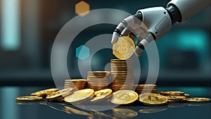Robot Hand Stacking Gold Bitcoin Coins