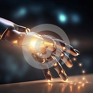 Robot hand, technology and ai with digital transformation, cyborg and android with scifi. Automation, computer science