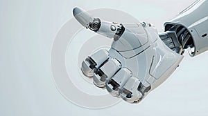 Robot hand with thumb up gesture closeup on white background