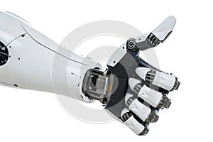 Robot hand with thumb up gesture closeup on white background