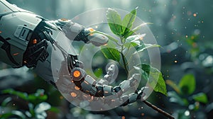 Robot hand touches green nature background. Generative Ai