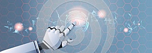 Robot hand touching abstract virtual user interface touchscreen artificial intelligence digital futuristic technology