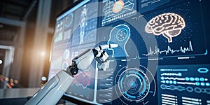 Robot hand touching binary data representing machine learning and AI