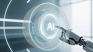 Robot Hand Touching Futuristic AI Interface Button