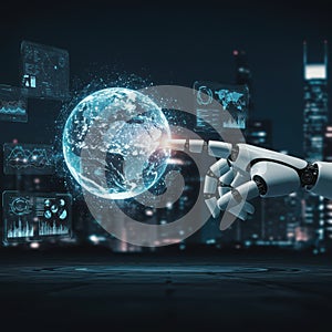 Robot hand touching a glowing digital earth with data streams