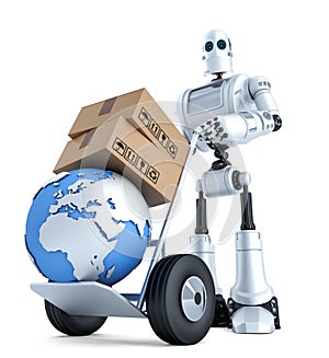 Robot with hand truck and stack of boxes. . Contains clipping path