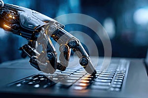 Robot hand typing on the computer. Ai Generative