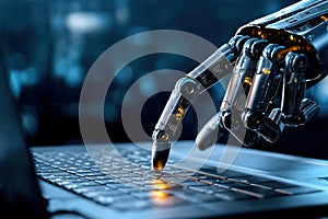 Robot hand typing on the computer. Ai Generative