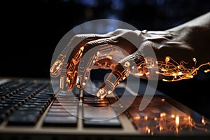 Robot hand typing on the computer. generative AI