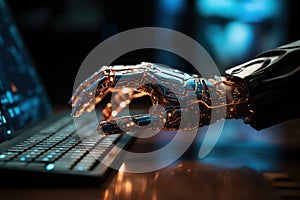 Robot hand typing on the computer. generative AI