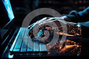 Robot hand typing on the computer. generative AI