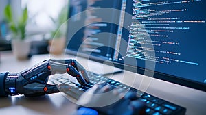 Robot Hand Typing On Computer Keyboard With Coding On Screen