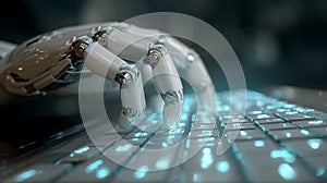 Robot hand typing on keyboard artificial intelligence future technology automation ai coding innovation