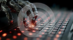 Robot hand typing on keyboard futuristic technology ai artificial intelligence machine learning automation.