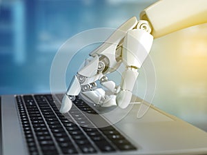 Robot hand typing on the laptop keyboard, 3d rendering