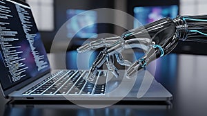 Robot Hand Typing on a Laptop Keyboard with Code on Screen 20251218