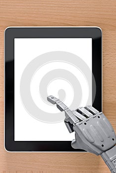 Robot hand using touchscreen tablet blank screen.