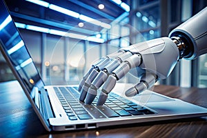 robot hand working on laptop to checking correct data by using
